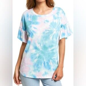 NWT Peyton Valley Bell-Sleeve Blue White & Pink Tie Dye Top Size Large